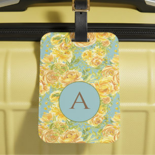 Vintage Watercolor Yellow Monogram Rose Pattern Luggage Tag
