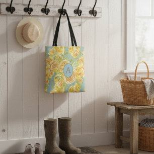 Vintage Watercolor Yellow Monogram Rose Pattern  Tote Bag