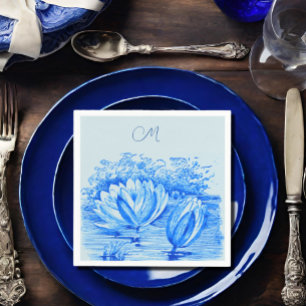vintage waterlilies - monogrammed blue napkin
