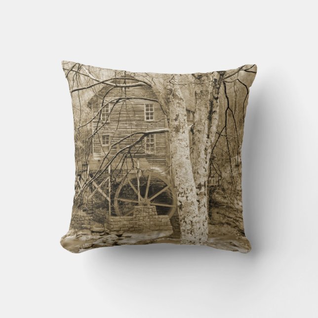 Vintage Waterwheel Throw Pillow (Front)