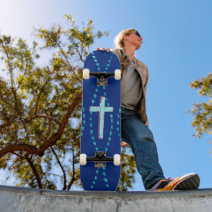 Vintage Wave Pattern and Cross on Skateboard Deck