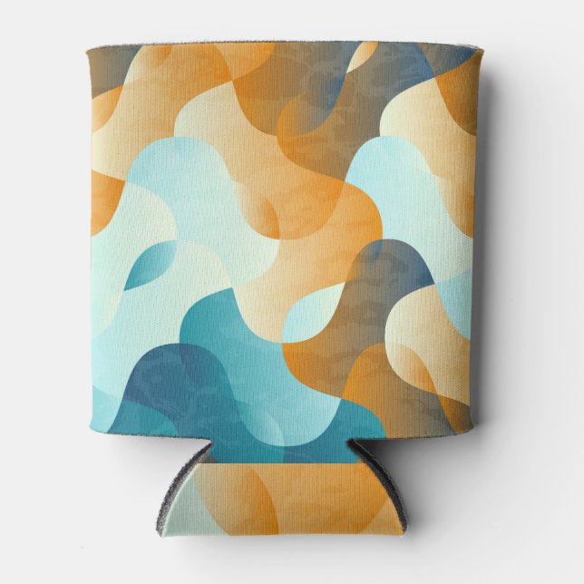 Vintage wave pattern, blue and brown. can cooler (Front)