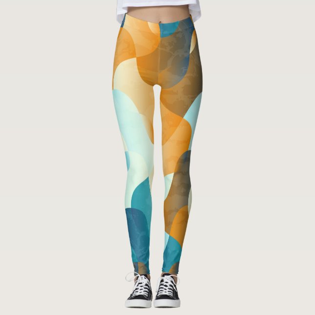 Vintage wave pattern, blue and brown. leggings (Front)