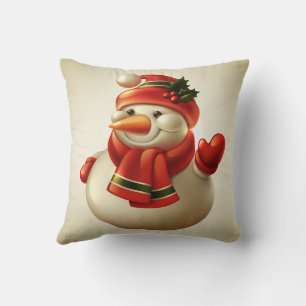 Vintage Waving Snowman Red Scarf Festive Christmas Throw Pillow