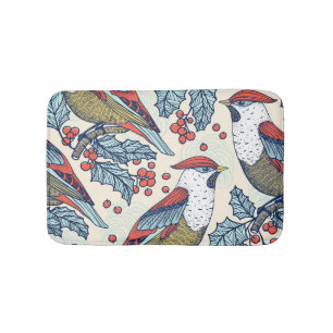 Vintage Waxwings Holly Christmas Pattern Bath Mat