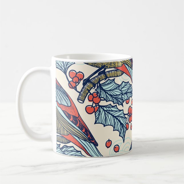 Vintage Waxwings Holly Christmas Pattern Coffee Mug (Left)