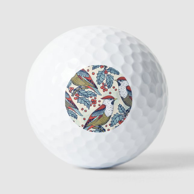 Vintage Waxwings Holly Christmas Pattern Golf Balls (Front)
