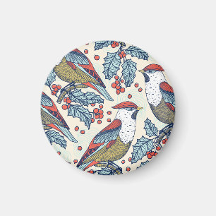 Vintage Waxwings Holly Christmas Pattern Magnet