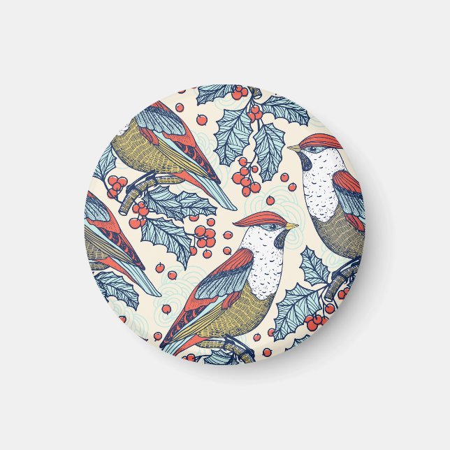 Vintage Waxwings Holly Christmas Pattern Magnet (Front)