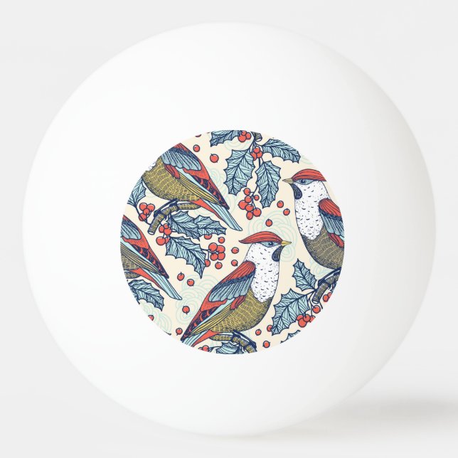 Vintage Waxwings Holly Christmas Pattern Ping Pong Ball (Front)