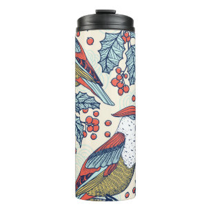 Vintage Waxwings Holly Christmas Pattern Thermal Tumbler