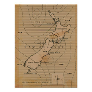 Vintage weather map of New Zealand Poster