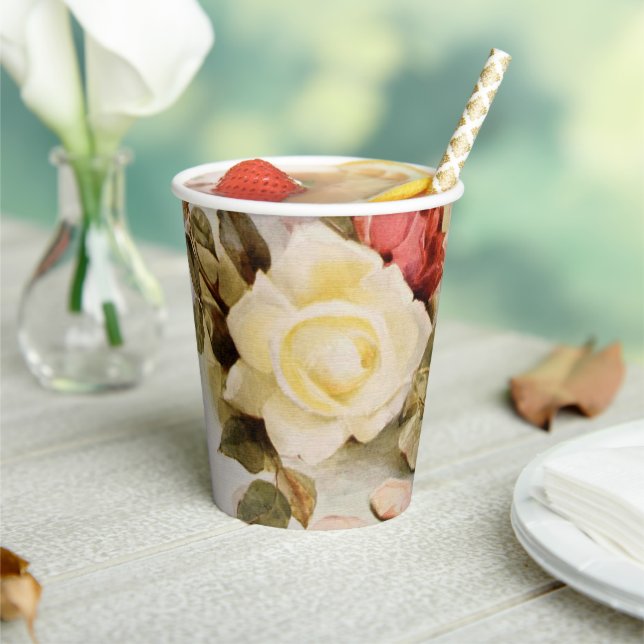 Vintage Wedding Antique Garden Rose Flowers Paper Cups (Insitu)