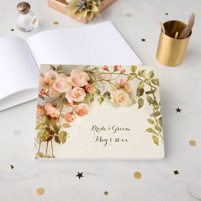 Vintage Wedding Antique Pink Rose Flower Guest Book (Front Open)