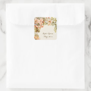 Vintage Wedding Antique Pink Rose Flower Square Sticker