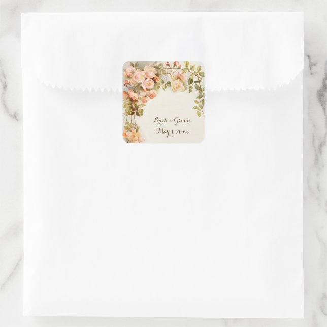 Vintage Wedding Antique Pink Rose Flower Square Sticker (Bag)