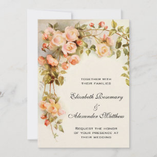 Vintage Wedding, Antique Pink Rose Flowers Floral Invitation