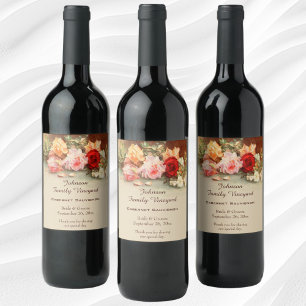 Vintage Wedding, Antique Roses Flowers Still Life Wine Label