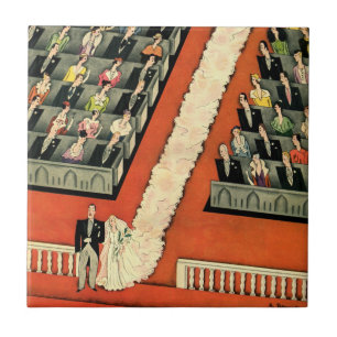 Vintage Wedding, Art Deco Bride and Groom Newlywed Tile