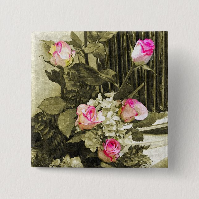 Vintage Wedding Bouquet 2 Inch Square Button (Front)