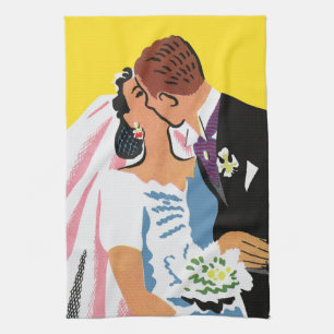 Vintage Wedding, Bride and Groom Newlyweds Kissing Kitchen Towel
