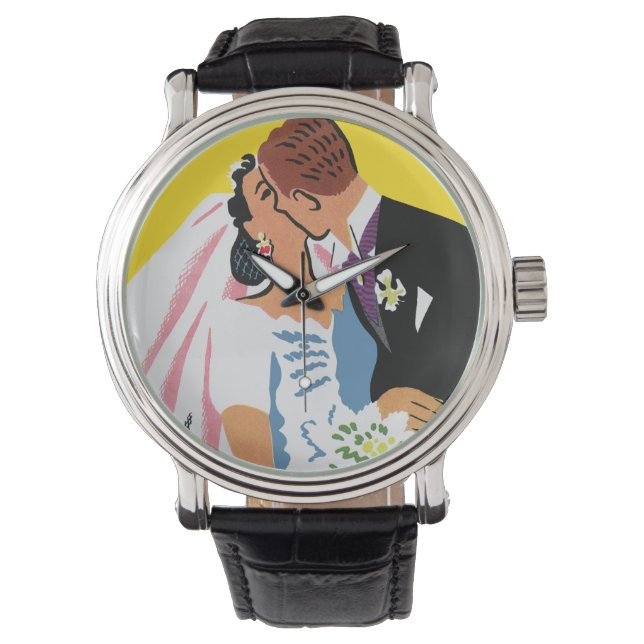 Vintage Wedding, Bride and Groom Newlyweds Kissing Watch (Front)