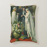 Vintage Wedding, Bride and Groom with Menorah Accent Pillow<br><div class="desc">Vintage illustration love and romance wedding ceremony image featuring a couple getting married in a beautiful synagogue with stained glass windows,  flowers and a seven branch menorah. The bride is wearing a long white wedding gown and the groom is handsome in his tuxedo.</div>