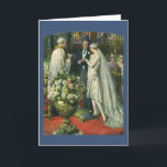 Vintage Wedding, Bride and Groom with Menorah Card<br><div class="desc">Vintage illustration love and romance wedding ceremony image featuring a couple getting married in a beautiful synagogue with stained glass windows,  flowers and a seven branch menorah. The bride is wearing a long white wedding gown and the groom is handsome in his tuxedo.</div>