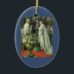 Vintage Wedding, Bride and Groom with Menorah Ceramic Ornament<br><div class="desc">Vintage illustration love and romance wedding ceremony image featuring a couple getting married in a beautiful synagogue with stained glass windows,  flowers and a seven branch menorah. The bride is wearing a long white wedding gown and the groom is handsome in his tuxedo.</div>