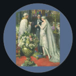 Vintage Wedding, Bride and Groom with Menorah Classic Round Sticker<br><div class="desc">Vintage illustration love and romance wedding ceremony image featuring a couple getting married in a beautiful synagogue with stained glass windows,  flowers and a seven branch menorah. The bride is wearing a long white wedding gown and the groom is handsome in his tuxedo.</div>