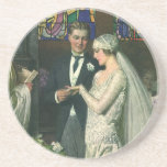 Vintage Wedding, Bride and Groom with Menorah Coaster<br><div class="desc">Vintage illustration love and romance wedding ceremony image featuring a couple getting married in a beautiful synagogue with stained glass windows,  flowers and a seven branch menorah. The bride is wearing a long white wedding gown and the groom is handsome in his tuxedo.</div>