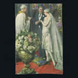 Vintage Wedding, Bride and Groom with Menorah Kitchen Towel<br><div class="desc">Vintage illustration love and romance wedding ceremony image featuring a couple getting married in a beautiful synagogue with stained glass windows,  flowers and a seven branch menorah. The bride is wearing a long white wedding gown and the groom is handsome in his tuxedo.</div>