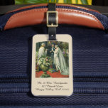 Vintage Wedding, Bride and Groom with Menorah Luggage Tag<br><div class="desc">Vintage illustration love and romance wedding ceremony image featuring a couple getting married in a beautiful synagogue with stained glass windows,  flowers and a seven branch menorah. The bride is wearing a long white wedding gown and the groom is handsome in his tuxedo.</div>