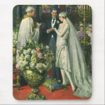 Vintage Wedding, Bride and Groom with Menorah Mouse Pad<br><div class="desc">Vintage illustration love and romance wedding ceremony image featuring a couple getting married in a beautiful synagogue with stained glass windows,  flowers and a seven branch menorah. The bride is wearing a long white wedding gown and the groom is handsome in his tuxedo.</div>