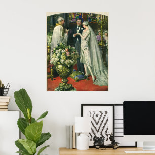 Vintage Wedding, Bride and Groom with Menorah Poster
