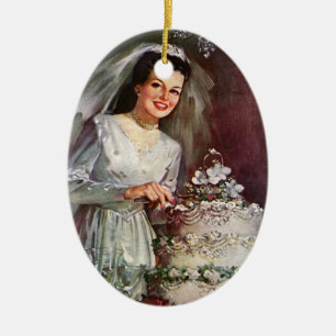 Vintage Wedding, Bride Cutting the Wedding Cake Ceramic Ornament