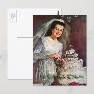 Vintage Wedding, Bride Cutting the Wedding Cake Postcard