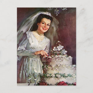Vintage Wedding, Bride Cutting the Wedding Cake Postcard