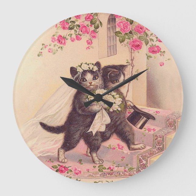 Vintage Wedding Cats Bride and Groom Large Clock (Front)