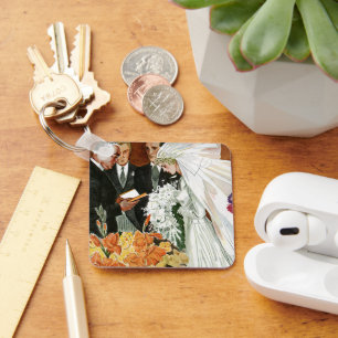 Vintage Wedding Ceremony, Bride Groom Newlyweds Keychain