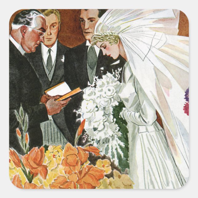 Vintage Wedding Ceremony, Bride Groom Newlyweds Square Sticker (Front)