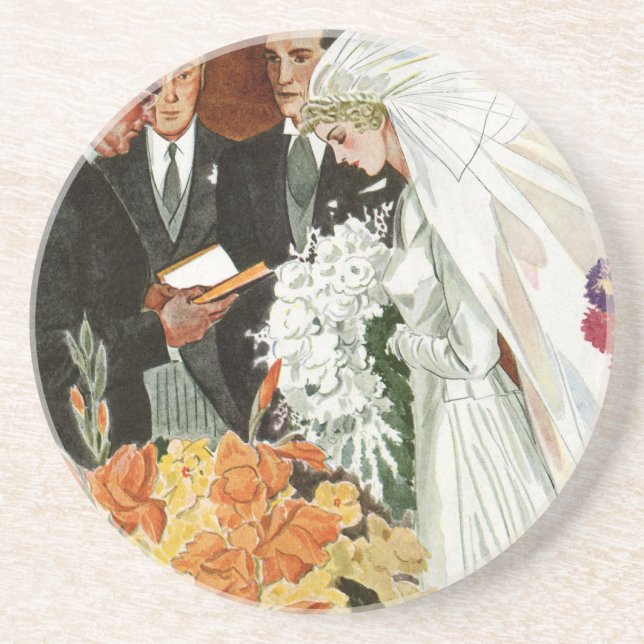 Vintage Wedding Ceremony with Bride and Groom Coaster (Front)
