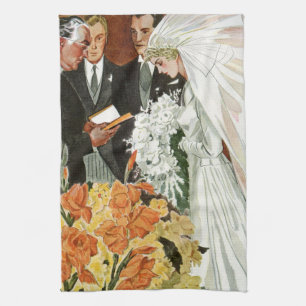 Vintage Wedding Ceremony with Bride and Groom Kitchen Towel