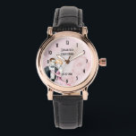 Vintage Wedding Couple With Pink Rose Personalized Watch<br><div class="desc">A retro vintage style wedding commemorative watch. Personalize with name(s) and date. An elegant illustration set on a pink background with faded pink roses. A fancy wedding couple illustration in a loving embrace painted with watercolors. Chic and classy with a shabby old fashioned flair. Clock numbers are an art deco...</div>