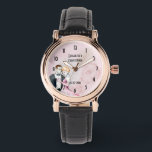Vintage Wedding Couple With Pink Rose Personalized Watch<br><div class="desc">A retro vintage style wedding commemorative watch. Personalize with name(s) and date. An elegant illustration set on a pink background with faded pink roses. A fancy wedding couple illustration in a loving embrace painted with watercolors. Chic and classy with a shabby old fashioned flair. Clock numbers are an art deco...</div>