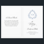Vintage Wedding Crest Folded Wedding Program<br><div class="desc">Create a customized folded wedding program using this template design featuring lovely vintage monogram crest in dusty blue with the bride and groom's initials. Lovely calligraphy script text highlights the front of the program with special text template to personalize with your detailed information. Please note, this item is printed on...</div>