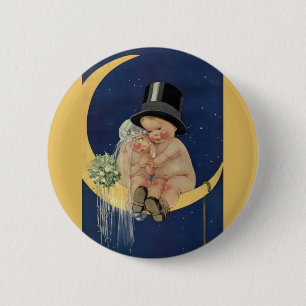 Vintage Wedding, Cute Bride and Groom on a Moon 2 Inch Round Button