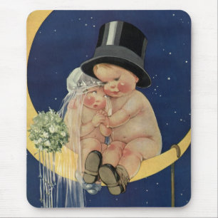 Vintage Wedding, Cute Bride and Groom on a Moon Mouse Pad