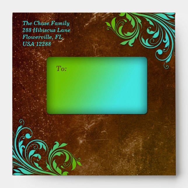 Vintage Wedding Grunge Blue Brown Green Copper Envelope (Front)
