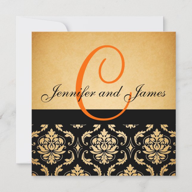 Vintage Wedding Invitation Orange Monogram Damask (Front)